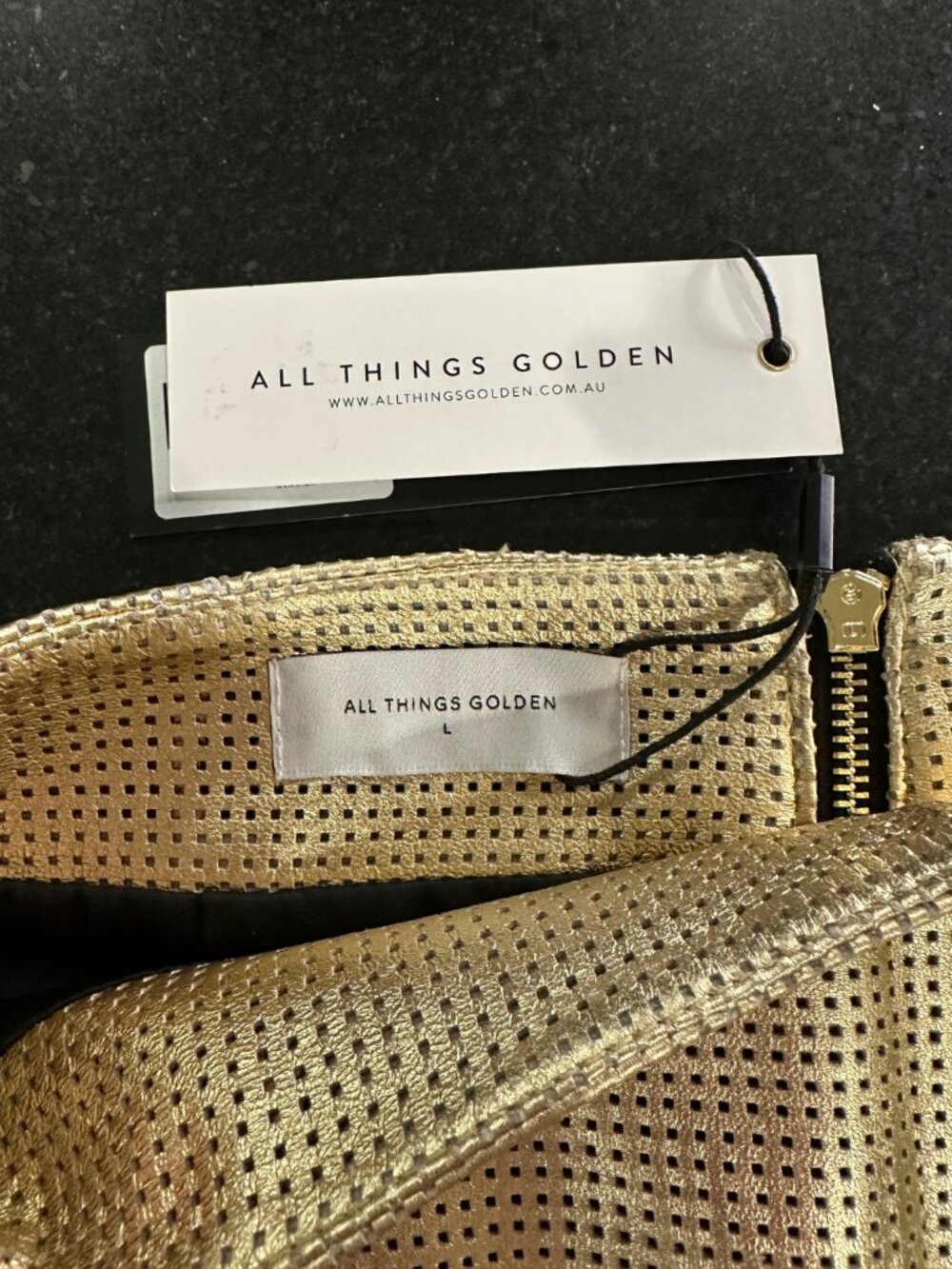 NEW WITH TAGS | ALL THINGS GOLDEN THE GO TO MINI SKIRT – GOLD LEATHER | SIZE L - Picture 6 of 12